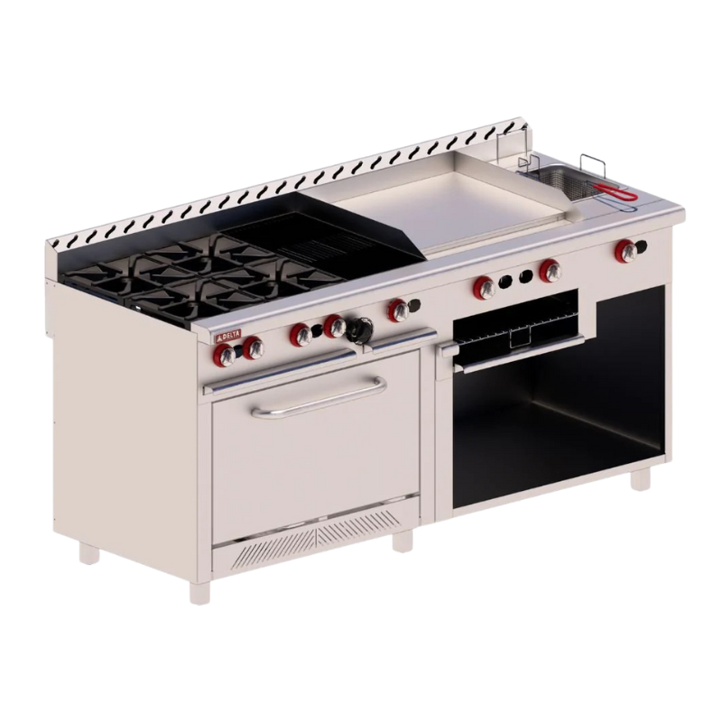 Delta Estufa a gas 4 quemadores, asador, plancha, freidora, gratinador, horno mixto EM-H-MIX Nuevo