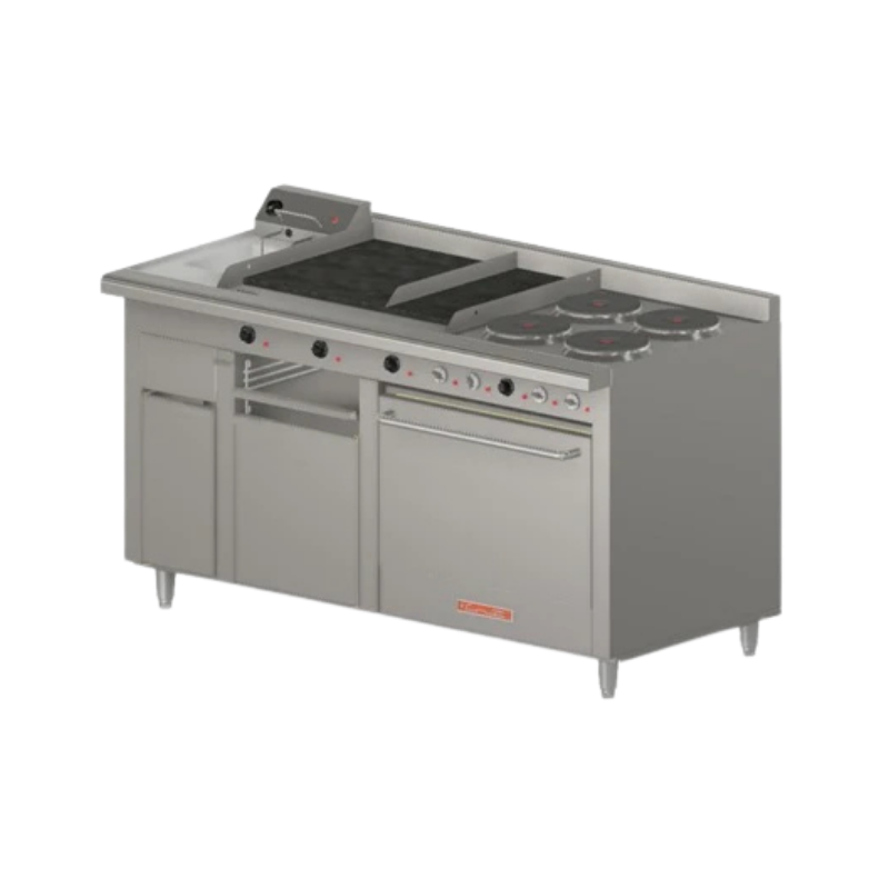 Coriat Estufa Multiple 4 platos 2600W c/u Plancha, Gratinador, Freidor Resistencia 1800W, Horno Resistencia 4870W, 220V MULTIPLE-E MASTER Nuevo