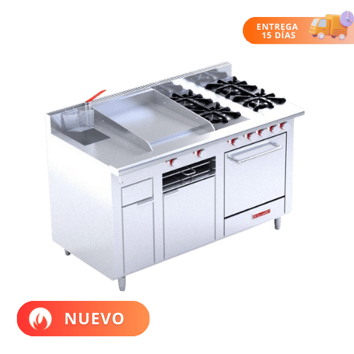 Coriat Estufa Múltiple con Parrilla de 4 Quemadores Plancha 2 Quemadores Freidora Gratinador y Horno MULTICHEF DE PISO MASTER 